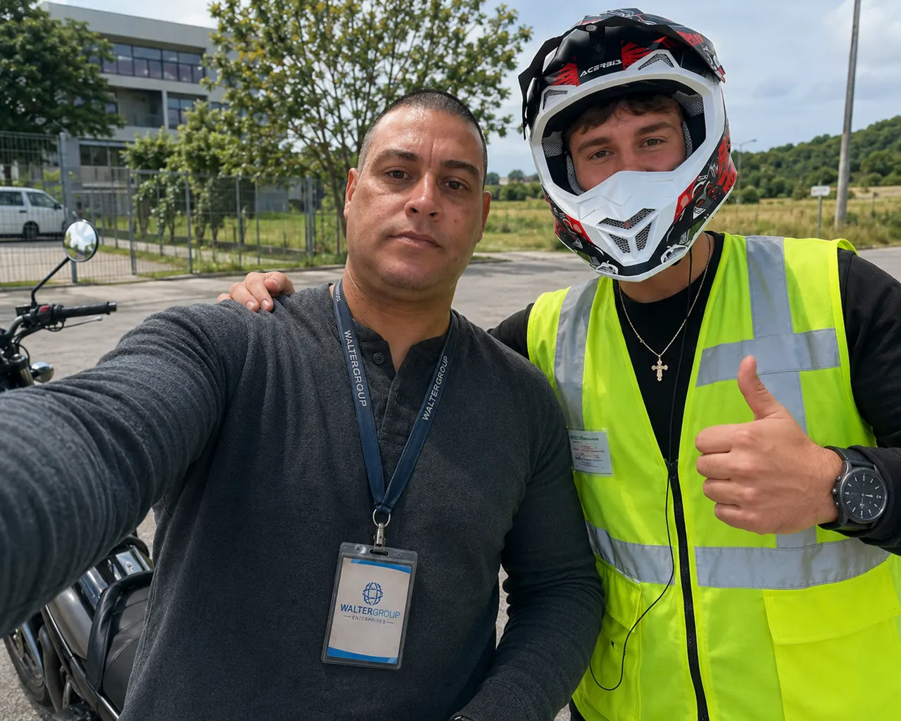 Instructor de Waltergroup con un alumno de moto tras la prueba